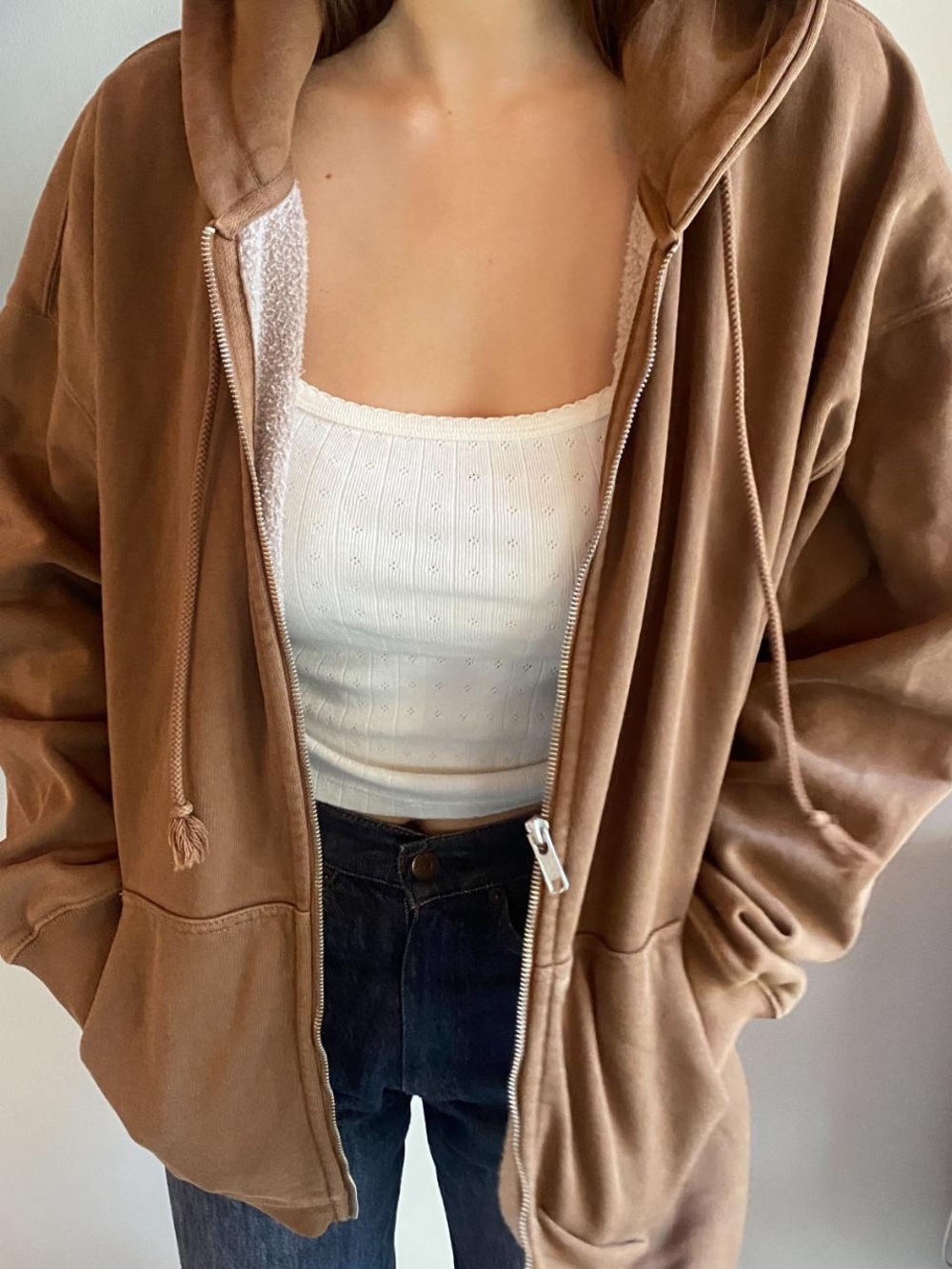 Brandy Melville Cozy Brown Hooded Zip-Up Jacket